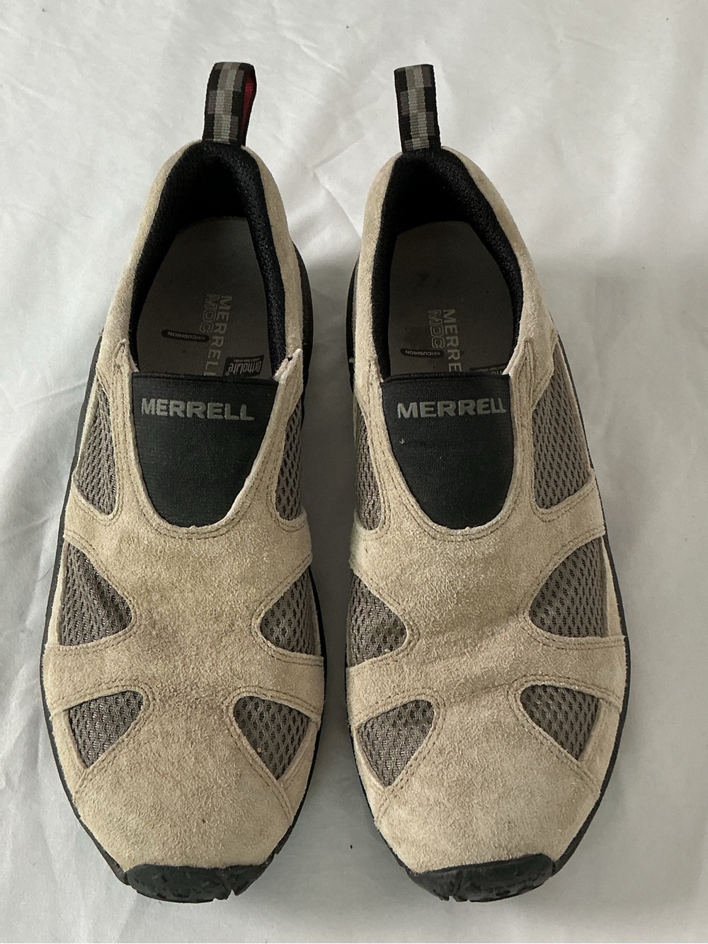 Merrell Men’s 8 Taupe Suede Mesh Moc Slip On Trail Shoes
